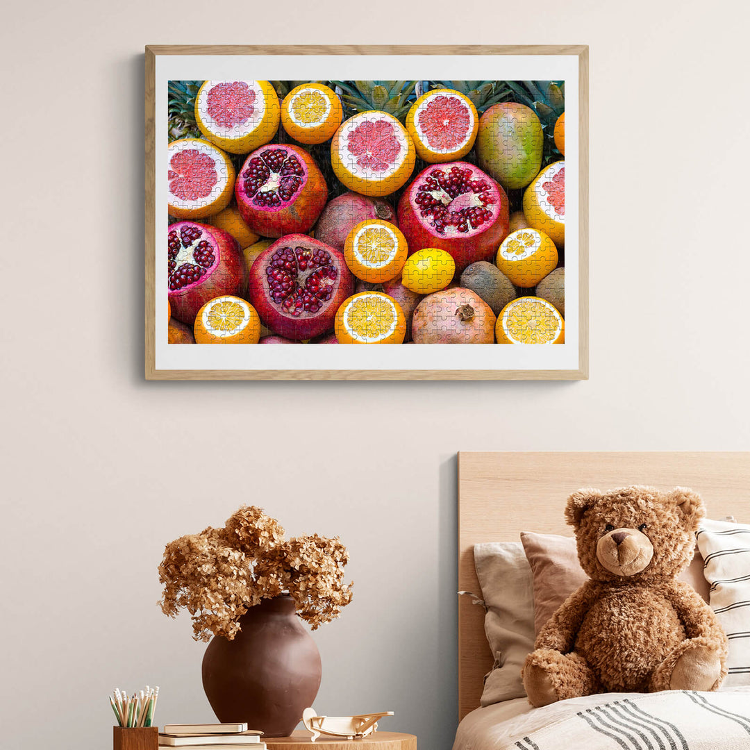 Vibrant wall art featuring assorted colorful fruits in a modern bedroom setting, enhancing home decor.