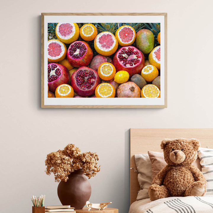 Vibrant wall art featuring assorted colorful fruits in a modern bedroom setting, enhancing home decor.