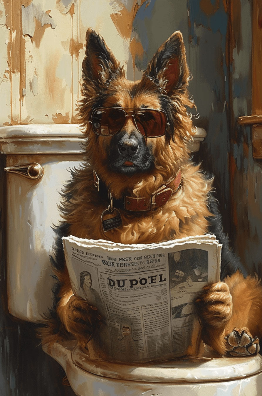 Handsome German Shepherd wearing sunglasses, reading a newspaper while sitting on a toilet. Ideal for dog lovers.