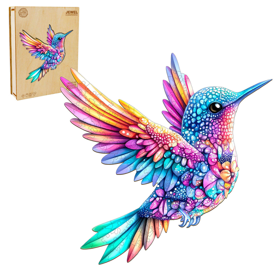 Vibrant Jewel hummingbird wooden jigsaw puzzle with colorful feathers, showcasing intricate details for puzzle enthusiasts.