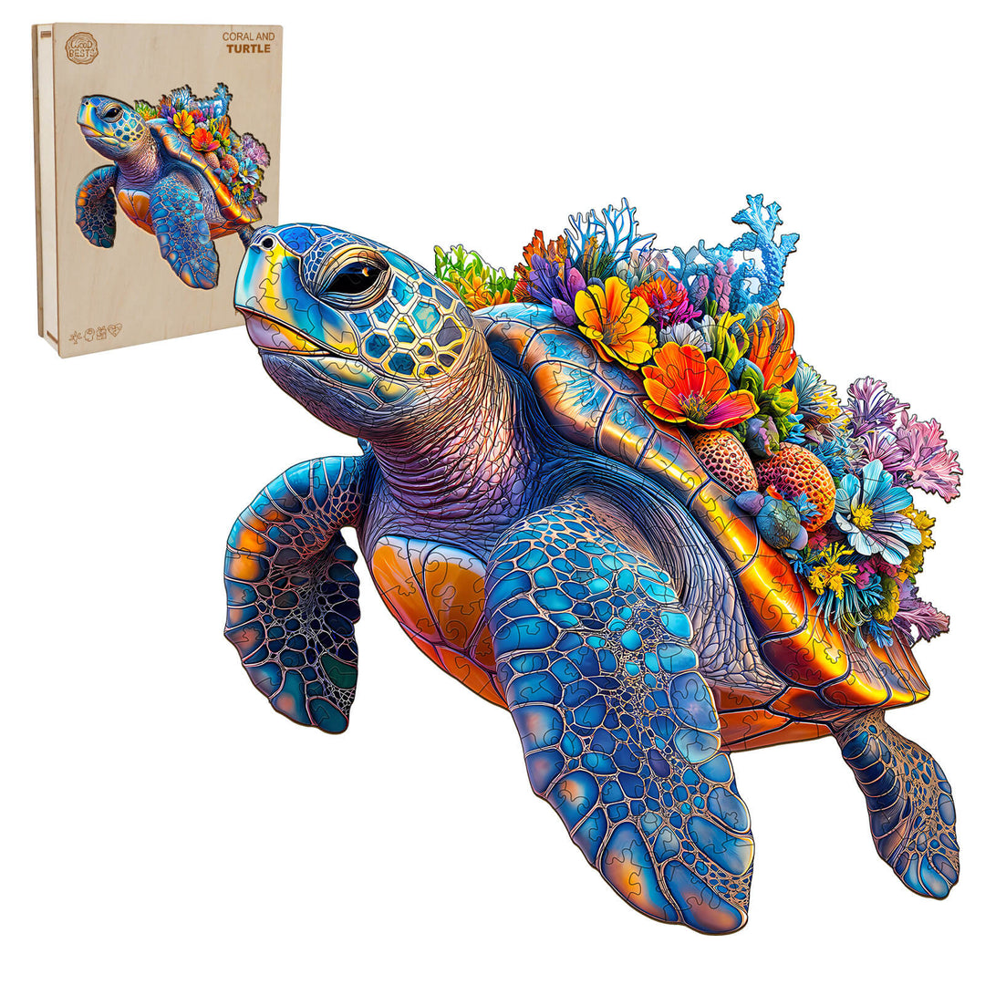 Colorful Coral and Turtle wooden jigsaw puzzle, ideal for enhancing focus and cognitive skills through fun puzzle solving.