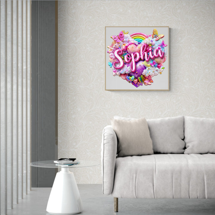 Colorful heart wall art with the name Sophia surrounded by butterflies and rainbows, perfect for a child's room decor.
