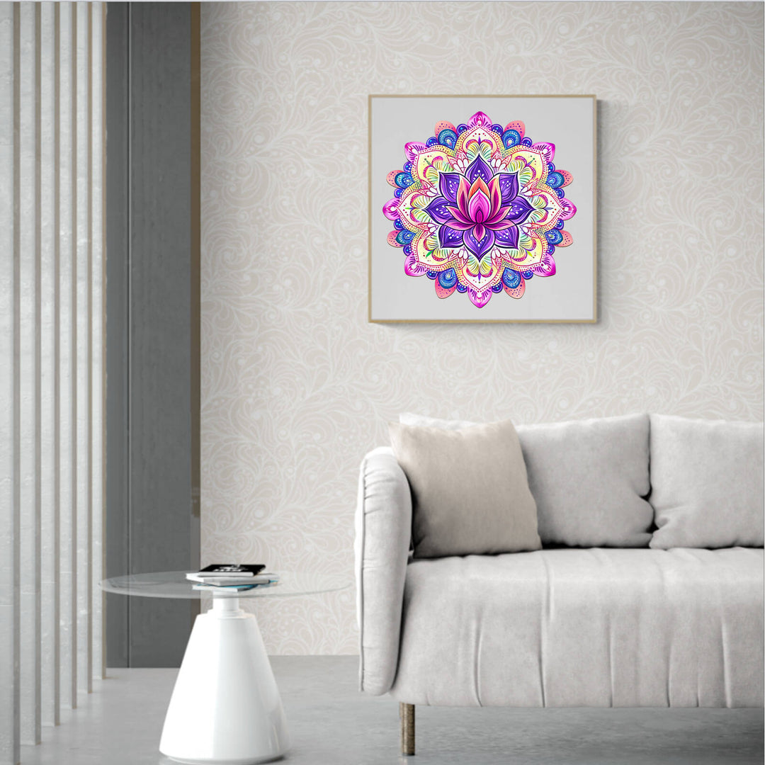 Colorful Mandala Lotus-2 painting on wall in modern living room with cozy couch and glass side table.