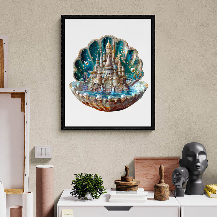 Artistic image of a Pearlspire Citadel-2 jigsaw puzzle in a seashell, showcasing intricate castle details.
