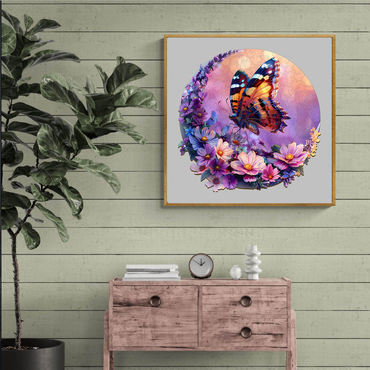 Butterfly and Moon-1 wooden jigsaw puzzle art featuring a colorful butterfly surrounded by flowers.