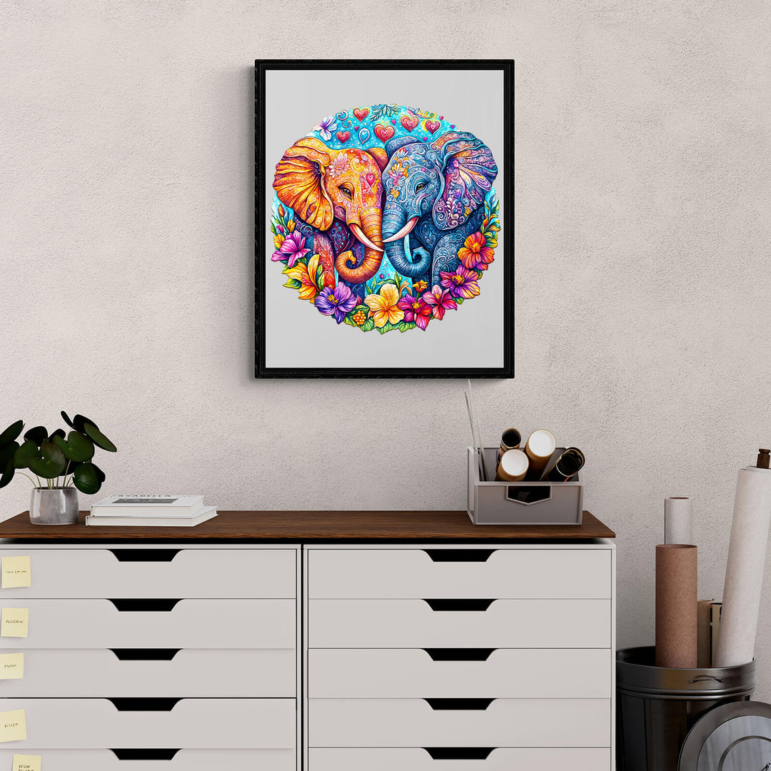 Colorful artwork of two elephants with hearts and flowers, showcasing love and harmony, perfect for home decor.