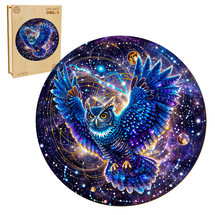 Galaxy Owl-1 wooden jigsaw puzzle featuring a vibrant owl design in space, perfect for puzzle enthusiasts. Focus and challenge your mind!