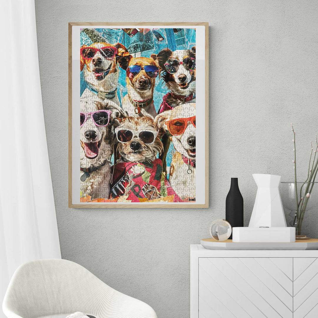 Colorful wall art featuring playful dogs wearing sunglasses, perfect for dog lovers and home decor enthusiasts.