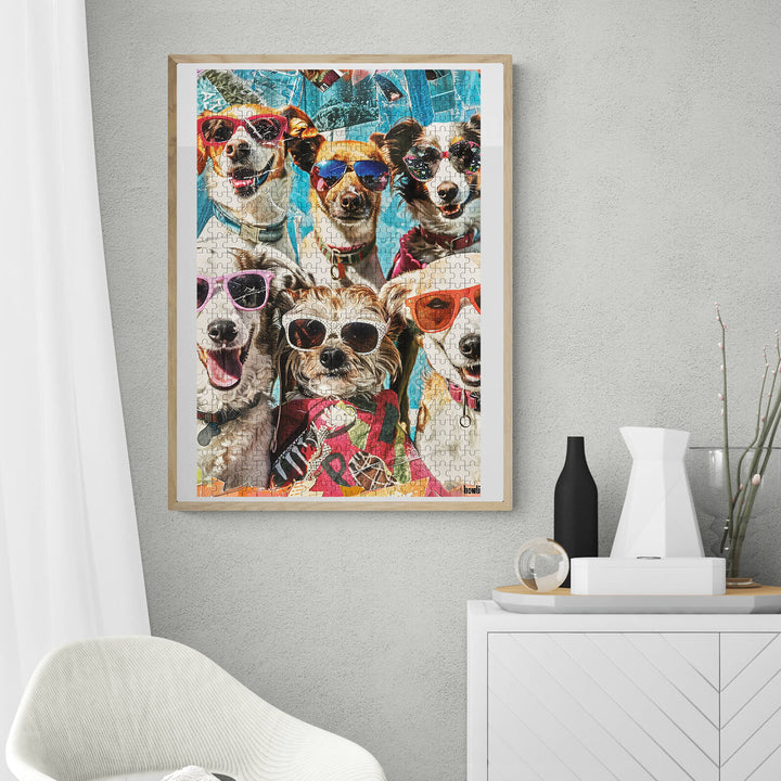 Colorful wall art featuring playful dogs wearing sunglasses, perfect for dog lovers and home decor enthusiasts.