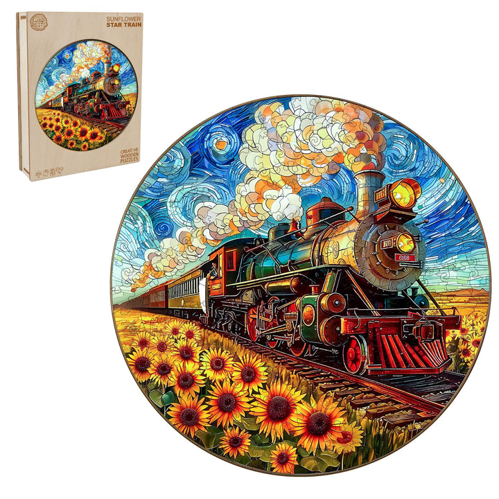Sunflower Star Train Wooden Jigsaw Puzzle featuring a colorful steam engine and sunflowers, enhancing focus and problem-solving skills.