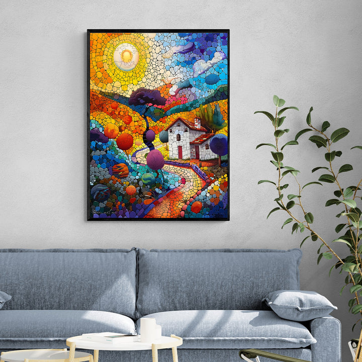 Colorful painting of a country house by artist Pietro Gallo, enhancing artistic inspiration in a modern living room.