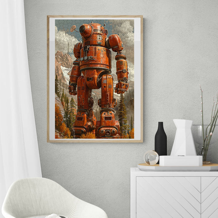 Orange robot poster on a wall in a modern living room with plants and decorative objects.