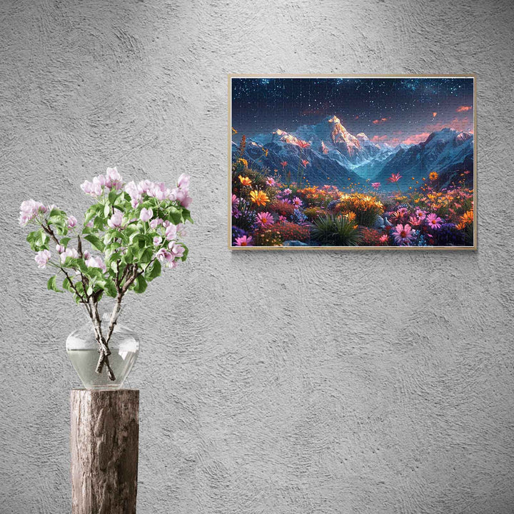 Starry Sky Garden puzzle displayed on a wall with flowers in a vase, creating a calming home decor scene.