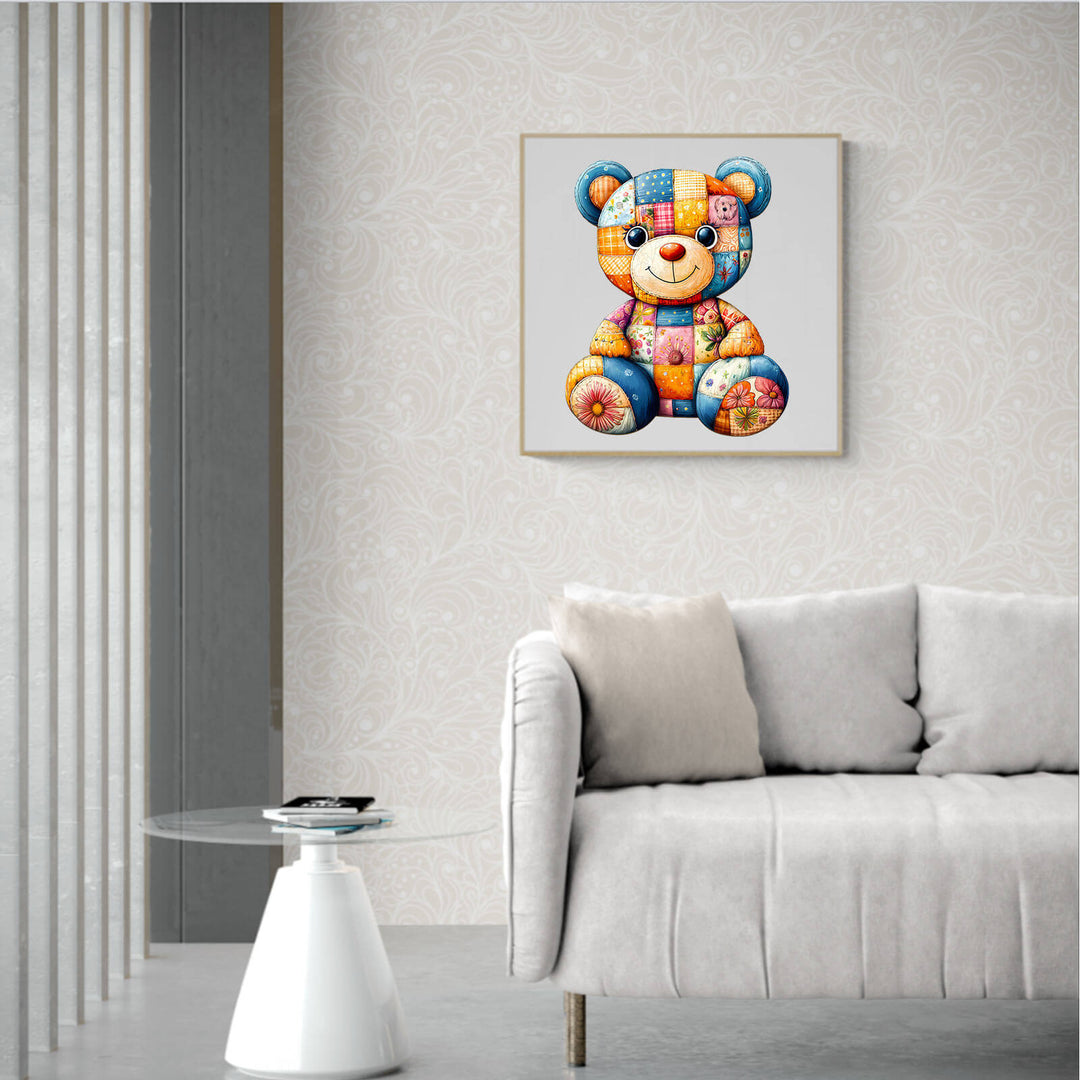 Colorful Patchwork Bear wooden jigsaw puzzle displayed in a stylish living room setting.
