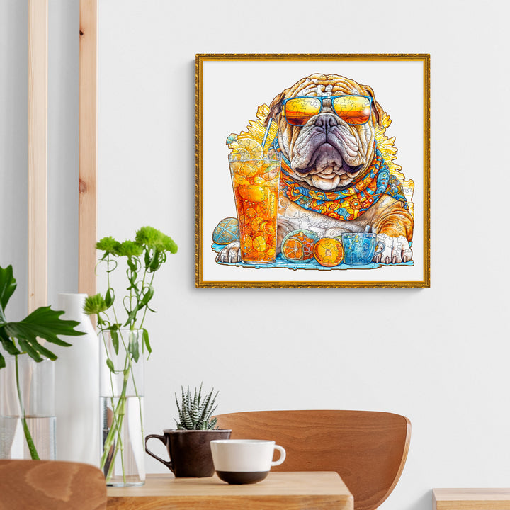 Colorful summer-themed bulldog illustration with drinks, perfect for decor or jigsaw puzzle enthusiasts.
