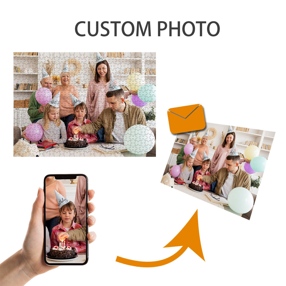 Custom birthday photo jigsaw puzzle showcasing family celebrations and design process.