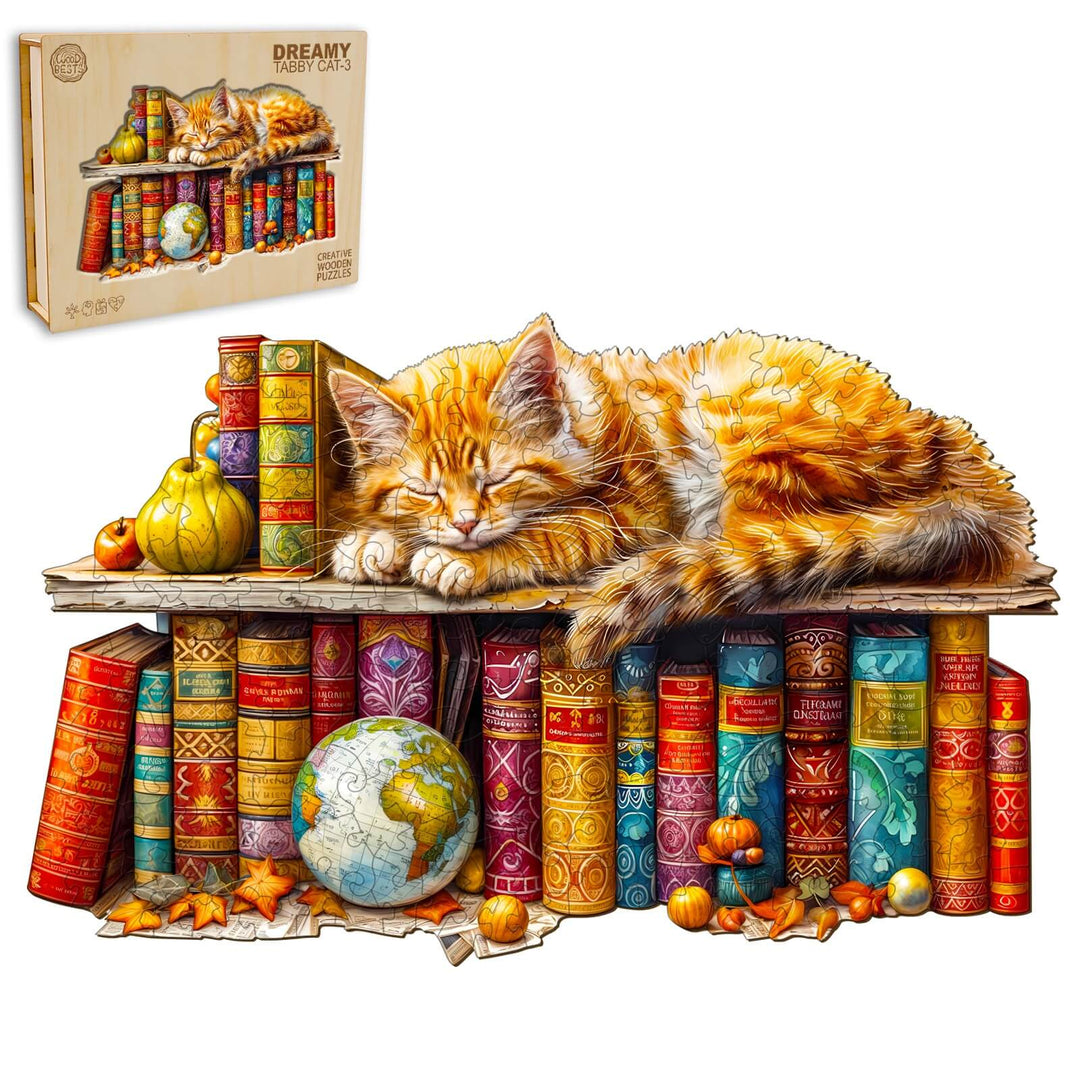 Dreamy Tabby Cat wooden jigsaw puzzle featuring a cat on colorful books, perfect for enhancing focus and creativity.