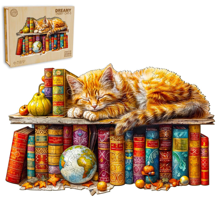 Dreamy Tabby Cat wooden jigsaw puzzle featuring a cat on colorful books, perfect for enhancing focus and creativity.