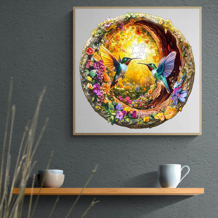 3D Hummingbird in the Cave-2 wooden jigsaw puzzle showcasing two colorful hummingbirds amidst vibrant flowers.