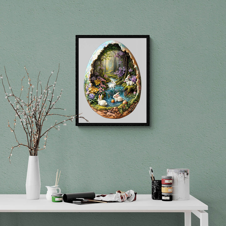 Framed Wonderland Easter-themed illustration depicting a serene garden with rabbits and a stream, perfect for spring decor.