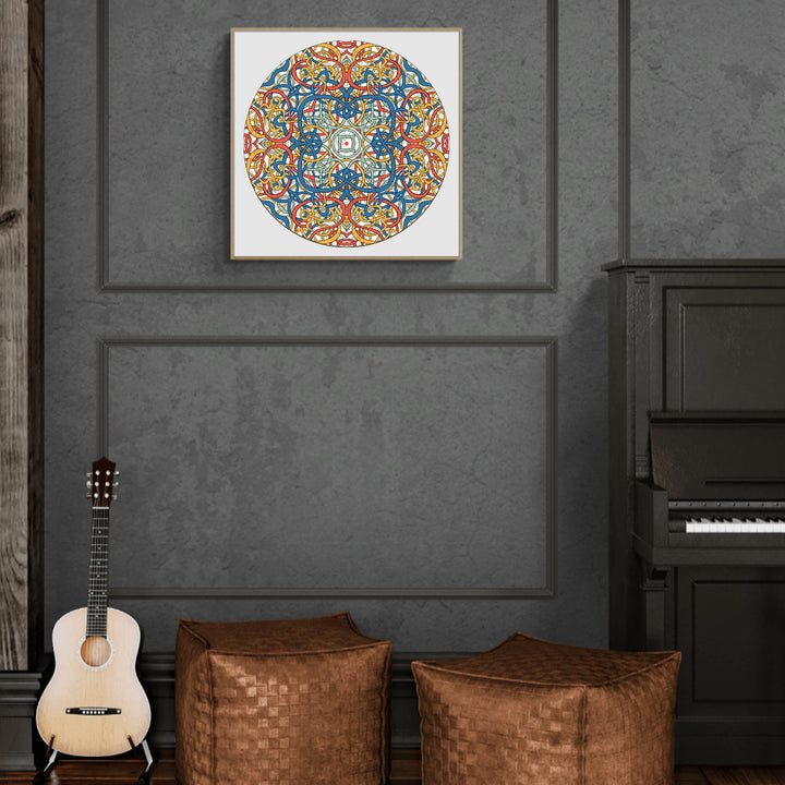 Mandala Celtic Chaos artwork by Lori Anne McKague displayed in a modern living room with guitar and seating.