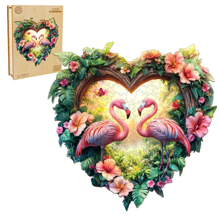 Love Flamingos wooden jigsaw puzzle featuring two flamingos in a heart-shaped design with tropical flowers.