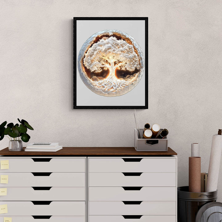 3D glowing Tree of Life wooden jigsaw puzzle displayed on a stylish wall, illuminating branches and roots.