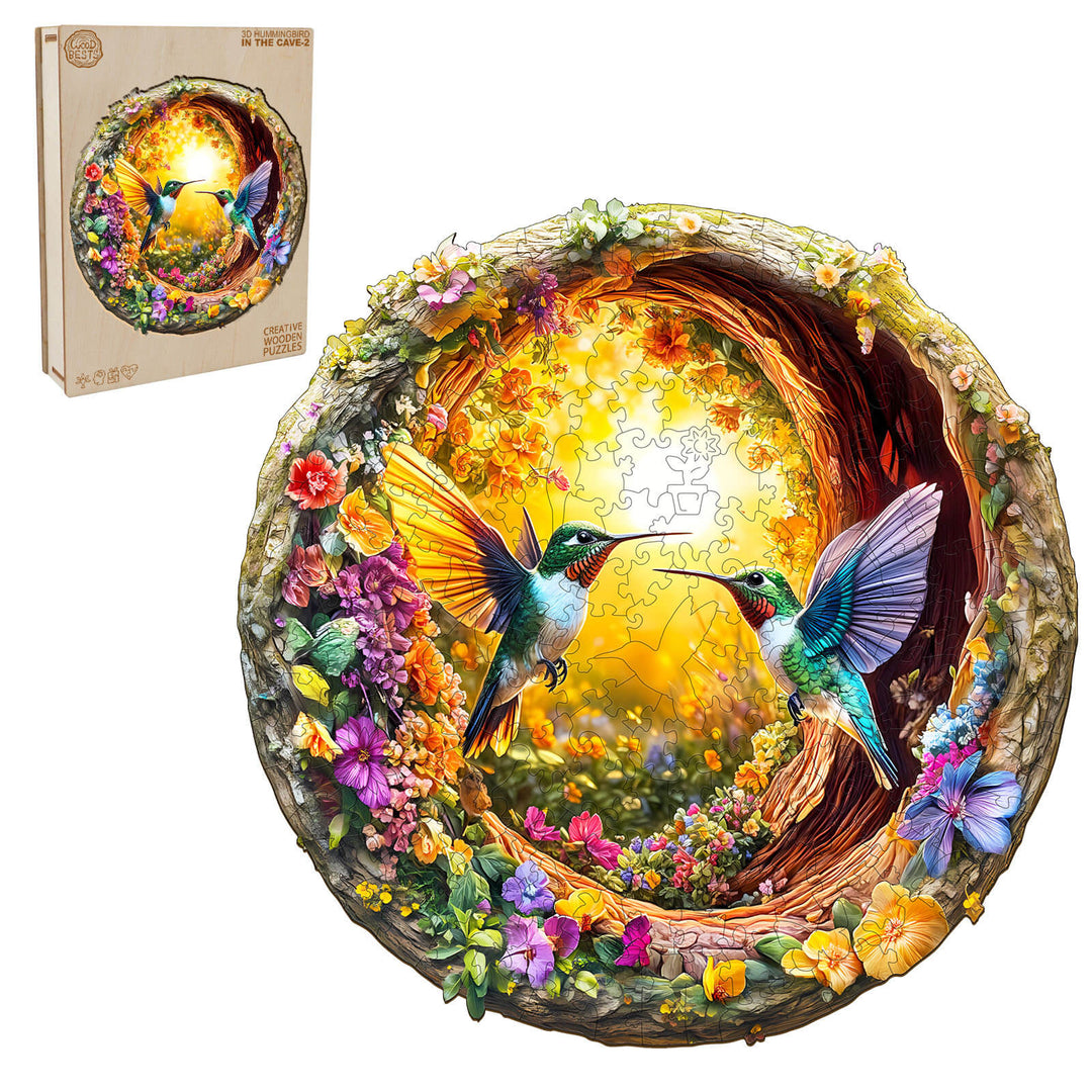 3D Hummingbird in the Cave wooden jigsaw puzzle showcasing vibrant colors and intricate floral design.