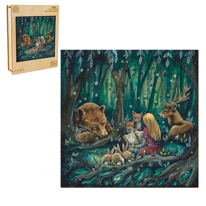 The Storyteller artwork by Kathryn Fedora, depicting a girl reading to forest animals in a magical setting.