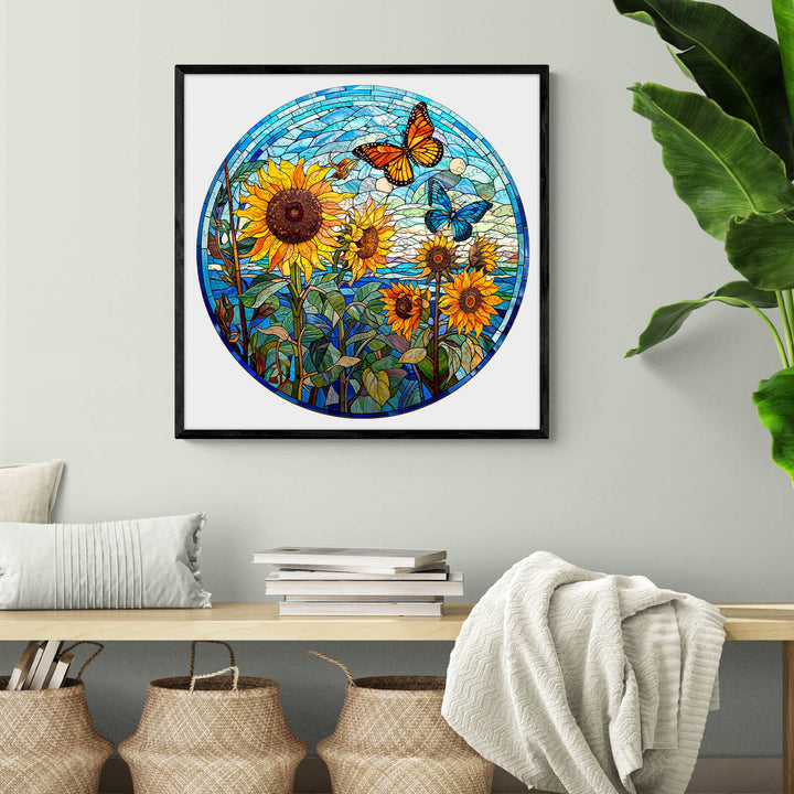 Colorful stained glass sunflower jigsaw puzzle with butterflies, perfect for mind games and enhancing focus.