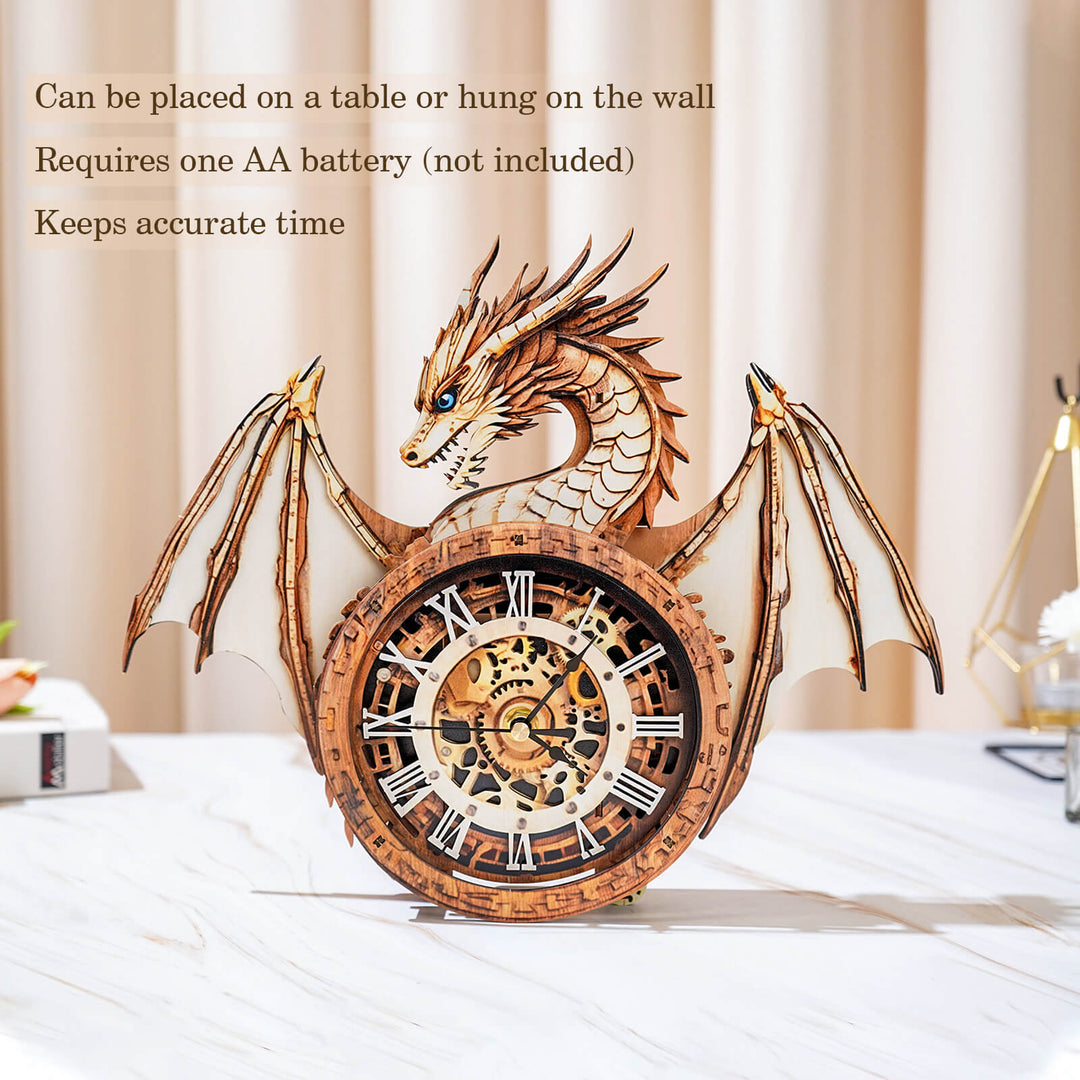 Ancient Dragon DIY Wooden Clock, 3D puzzle with intricate design, battery-operated, for tabletop or wall display.