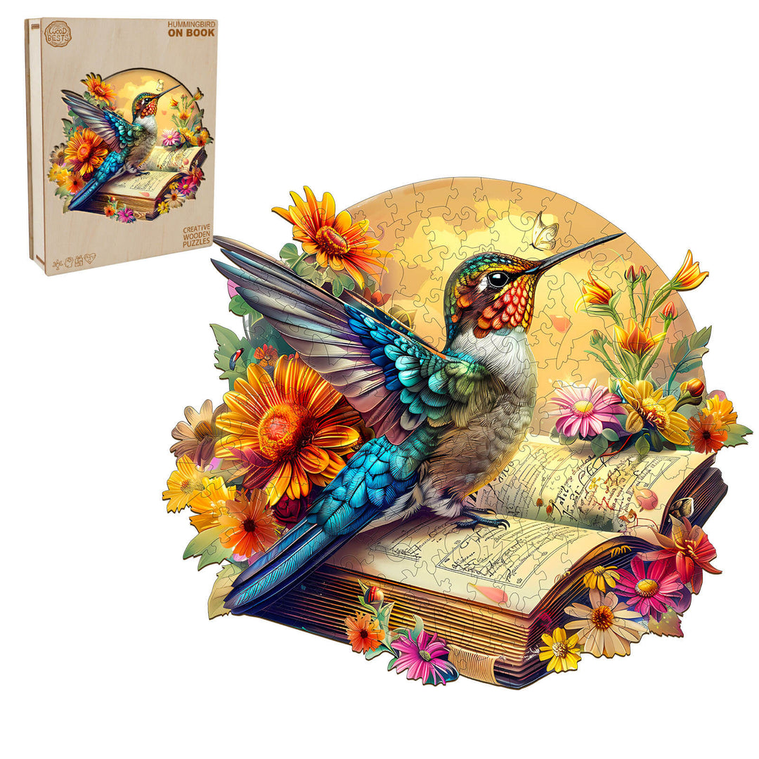 Colorful Hummingbird perched on a book surrounded by flowers - Wooden Jigsaw Puzzle for focused brain training.
