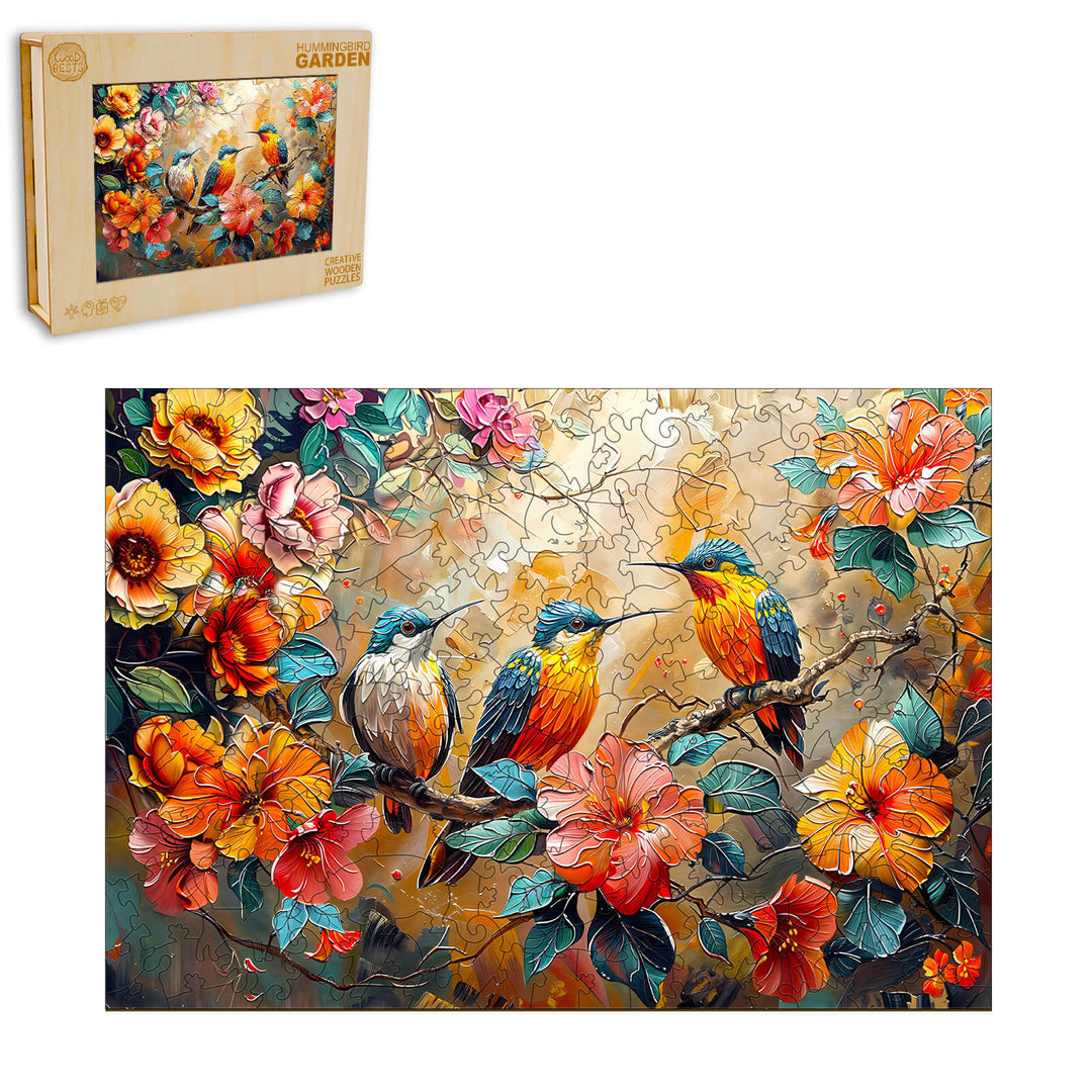 Hummingbird Garden Wooden Jigsaw Puzzle featuring colorful birds and vibrant flowers, ideal for puzzle enthusiasts.