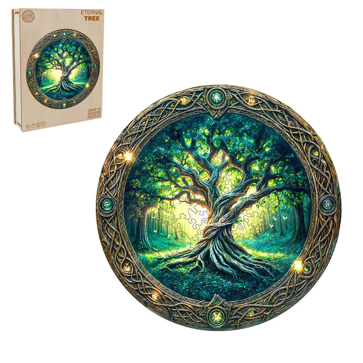 Eternal Tree Wooden Jigsaw Puzzle featuring a vibrant tree design, promoting focus and cognitive skills through puzzle solving.