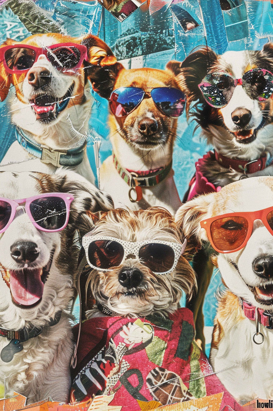 Colorful group of dogs wearing sunglasses, joyful and ready for summer fun, perfect for a holiday-themed jigsaw puzzle.
