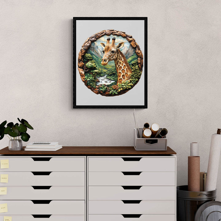 Framed art of a giraffe in a natural setting displayed above a stylish desk with storage drawers.