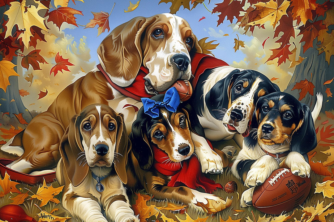 Basset Hound family themed jigsaw puzzle featuring playful dogs surrounded by autumn leaves.