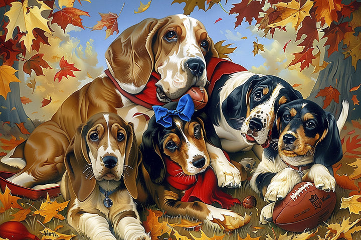 Basset Hound family themed jigsaw puzzle featuring playful dogs surrounded by autumn leaves.
