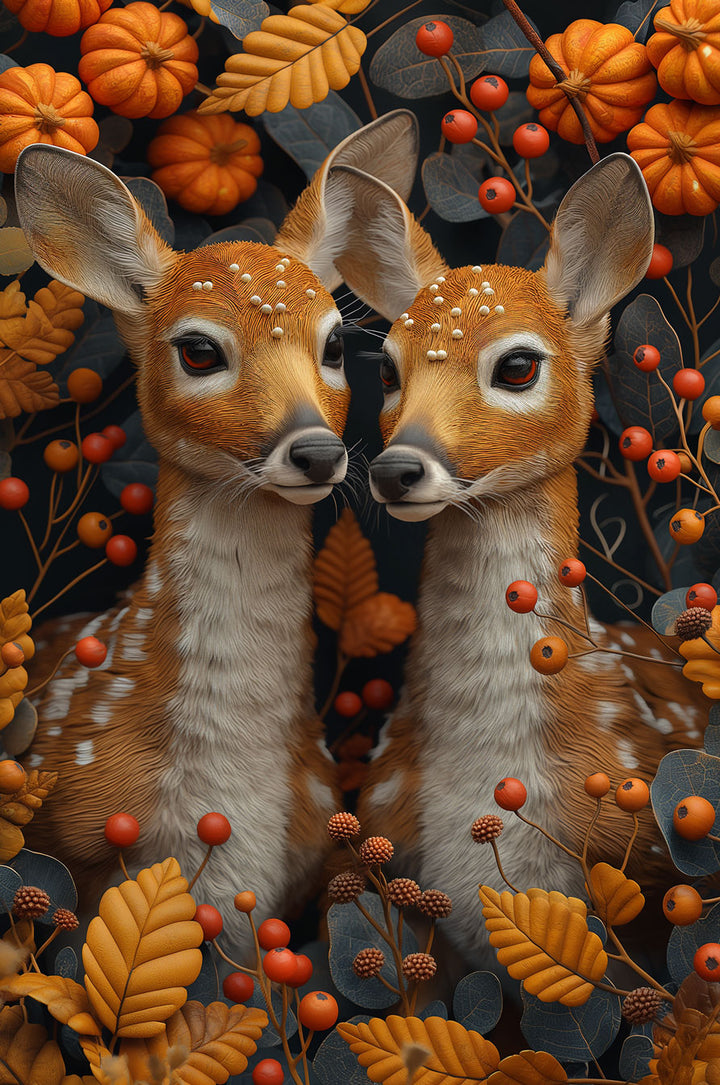 Twin fawns surrounded by autumn leaves and berries, featured in a colorful jigsaw puzzle design.