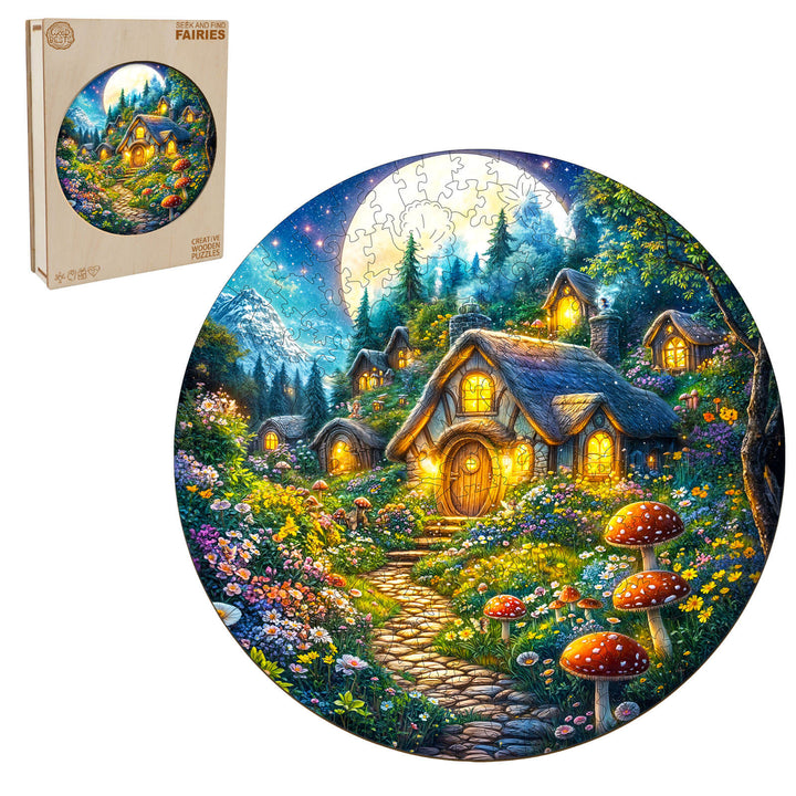 SEEK AND FIND FAIRIES wooden jigsaw puzzle featuring a magical fairy village and vibrant flowers, perfect for enhancing focus and enjoyment.