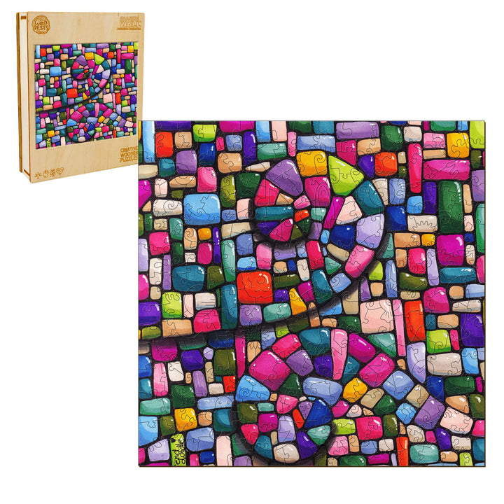 Swirl Wall puzzle by Erin Desjardine featuring vibrant colors and abstract shapes, perfect for artistic inspiration.
