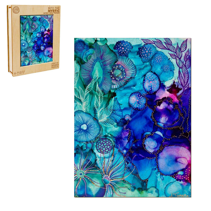 Colorful abstract art print 'Into the Mystic' by Amy Tieman, featuring vibrant blue and purple floral designs.