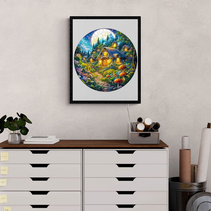 Whimsical fairy cottage framed artwork featuring vibrant flowers and mushrooms, perfect for decor lovers.