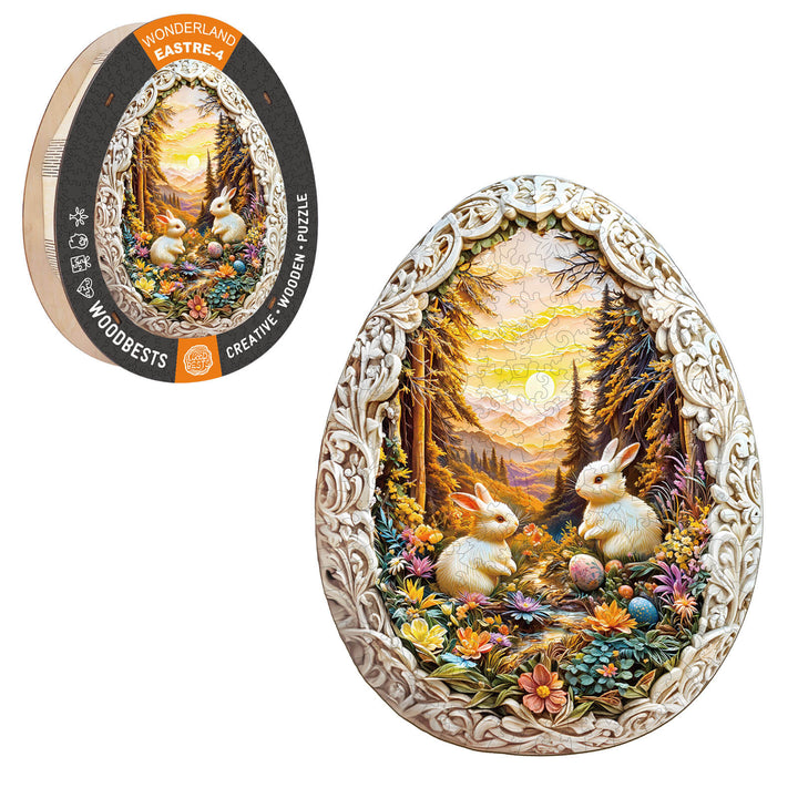 Colorful Wonderland Easter-4 wooden jigsaw puzzle featuring rabbits and flowers in an enchanting design for mind games.