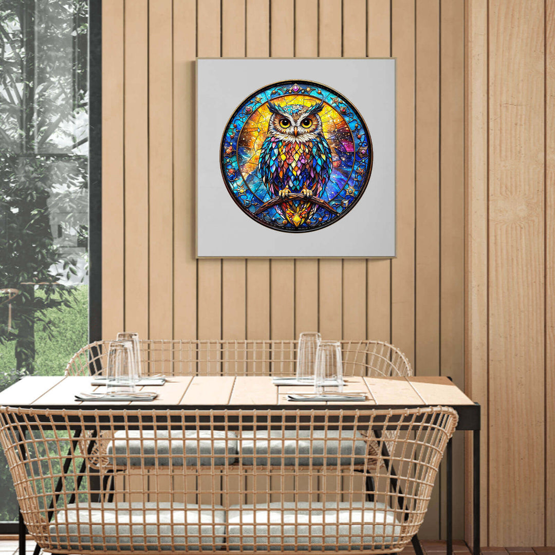 Iridescent owl art piece on a wall above a modern dining table in a cozy room.
