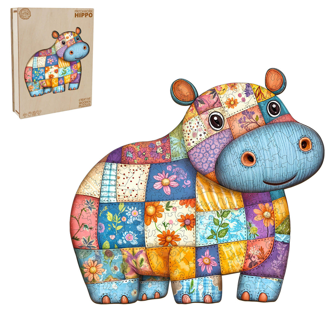 Colorful Patchwork Hippo Wooden Jigsaw Puzzle, designed for brain games and enhancing focus.
