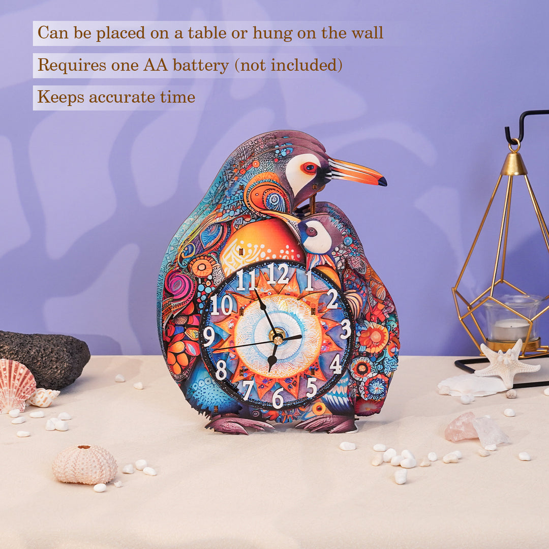 Colorful parent-child penguins wooden clock, elegantly designed for table or wall placement.