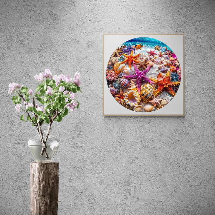Vibrant starfish and seashells jigsaw puzzle design on textured wall, enhancing focus and puzzle-solving skills.