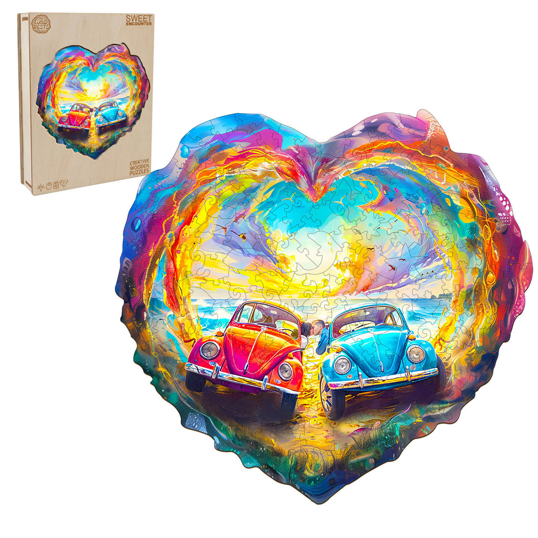 Sweet Encounter Wooden Jigsaw Puzzle featuring colorful heart-shaped design with classic cars, perfect for mind games and focus.