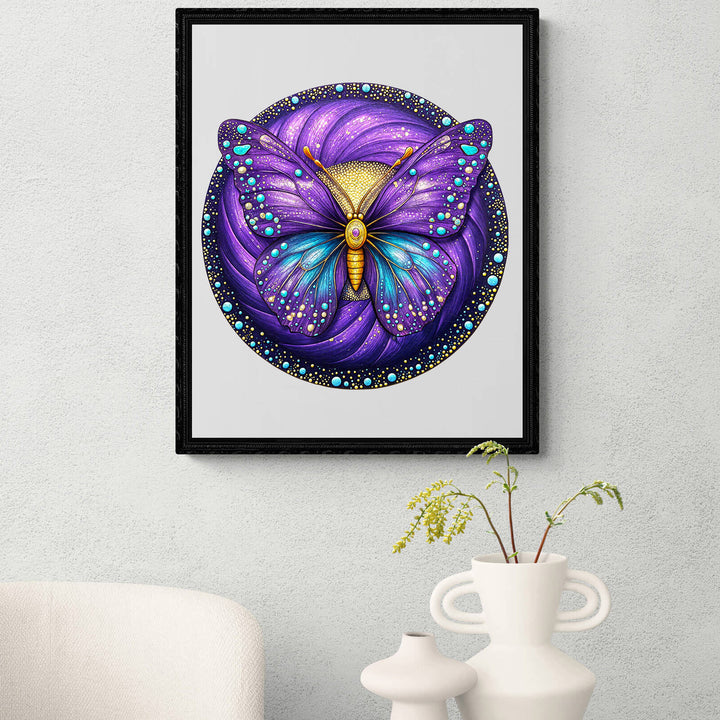 Colorful butterfly artwork in a framed design, featuring intricate patterns and vibrant hues on display in a modern room.